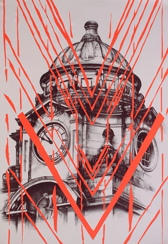 An illustrated architectural drawing of a building with a dome and clock, overlaid with bold red diagonal lines.